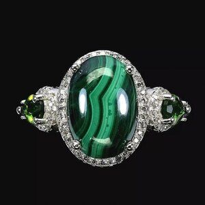 Natural Malachite 14x10mm & Chrome Diopside 925 Sterling Silver Ring Sz 9